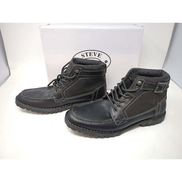 Steve Madden Welcome Boots Men 11 Ankle Leather Combat Buckle Black Box